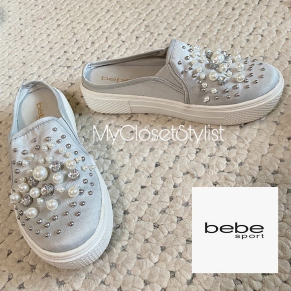BEBE SPORT Crystal Studded Pearls Platform Sneakers! 7.5 1/2 slip-on mule - Picture 1 of 3